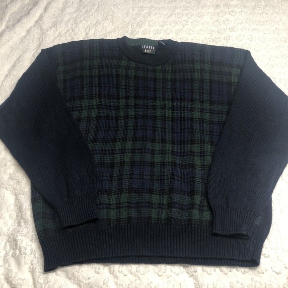 Vintage Trader Bay Men's Size XL Sweater Navy & Green Tartan Plaid 100% Cotton - Picture 1 of 6